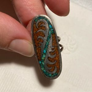 Vintage Zuni Native American inlay silver ring turquoise spiny oyster